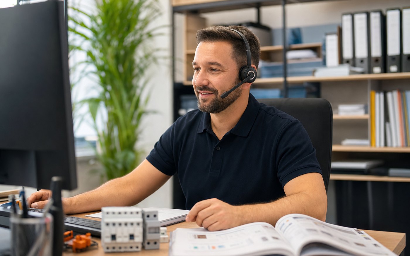 Fachverkäufer im Innendienst berät am Headset im hellen Kundencenter von Wallraff